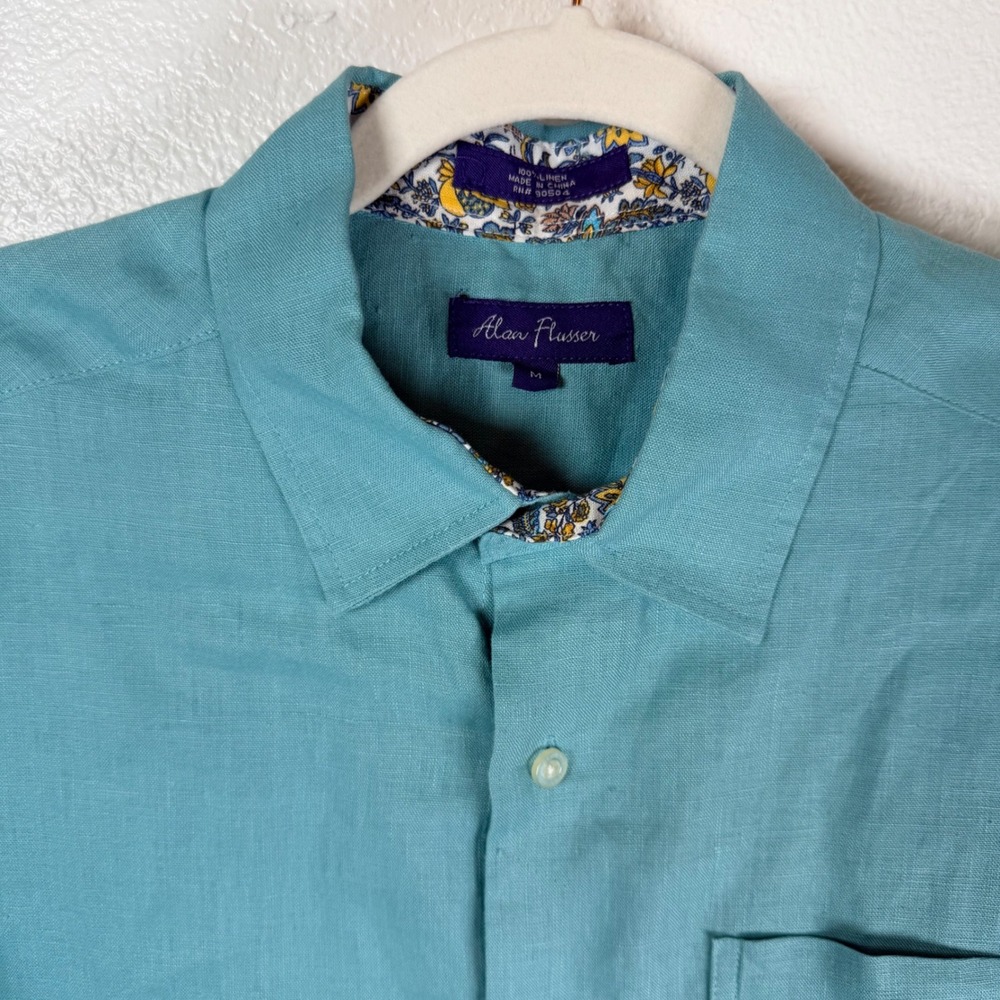 Alan Flusser Medium Teal 100% Linen Short Sleeve Button Up Shirt Floral Contrast